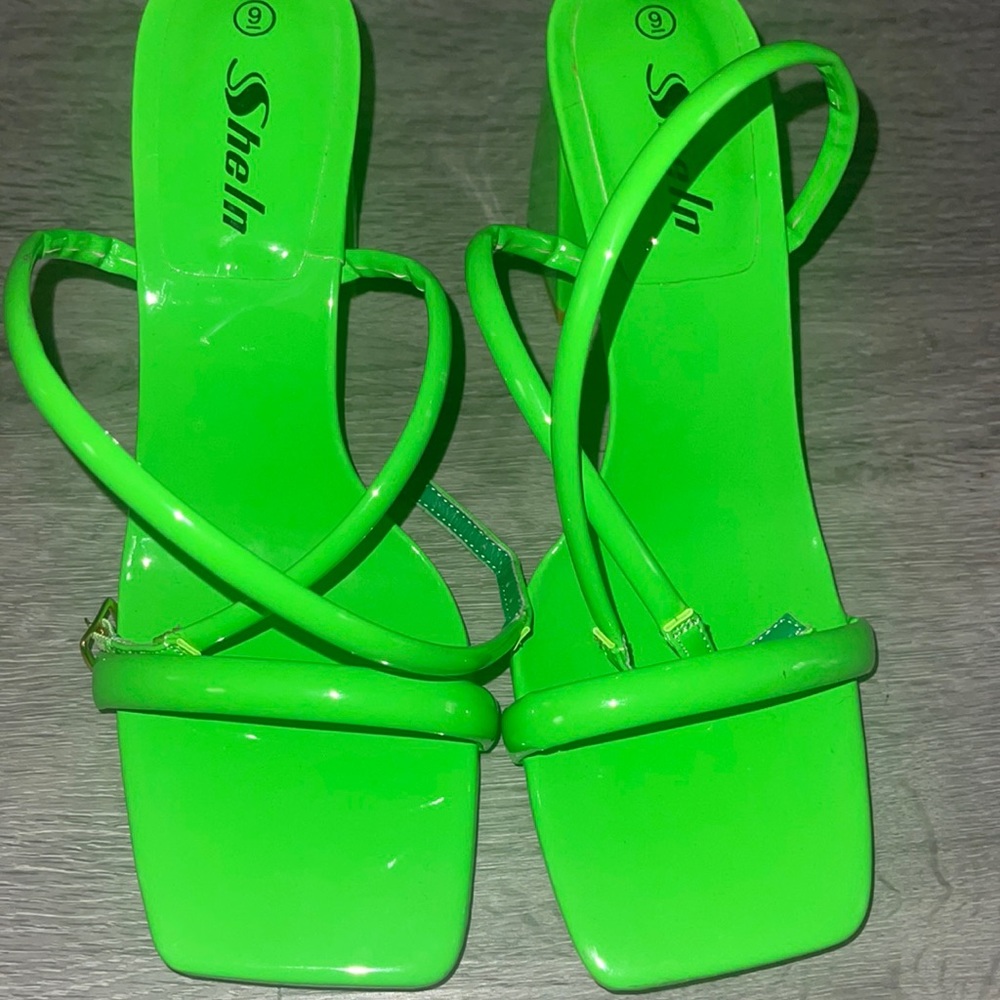 Never worn green square pumps!!!one strap wraps around the ankle!
